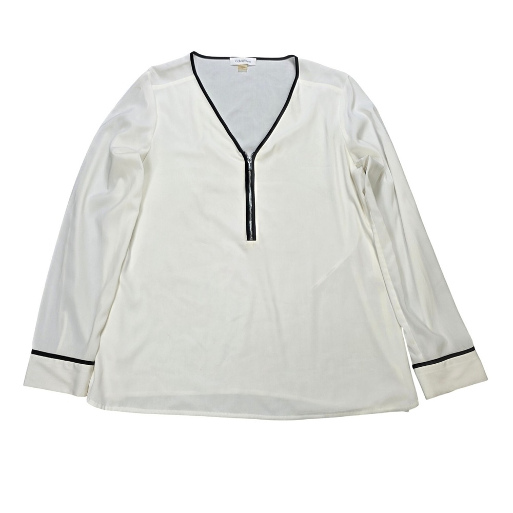 Calvin Klein  V-Neck Blouse Women's Size L Ivory Black Trim Zip Long Sleeve